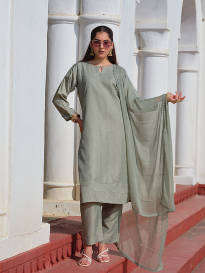 Olive Chinon Crochet Embroidered Kurta with Trousers & Nazneen Dupatta