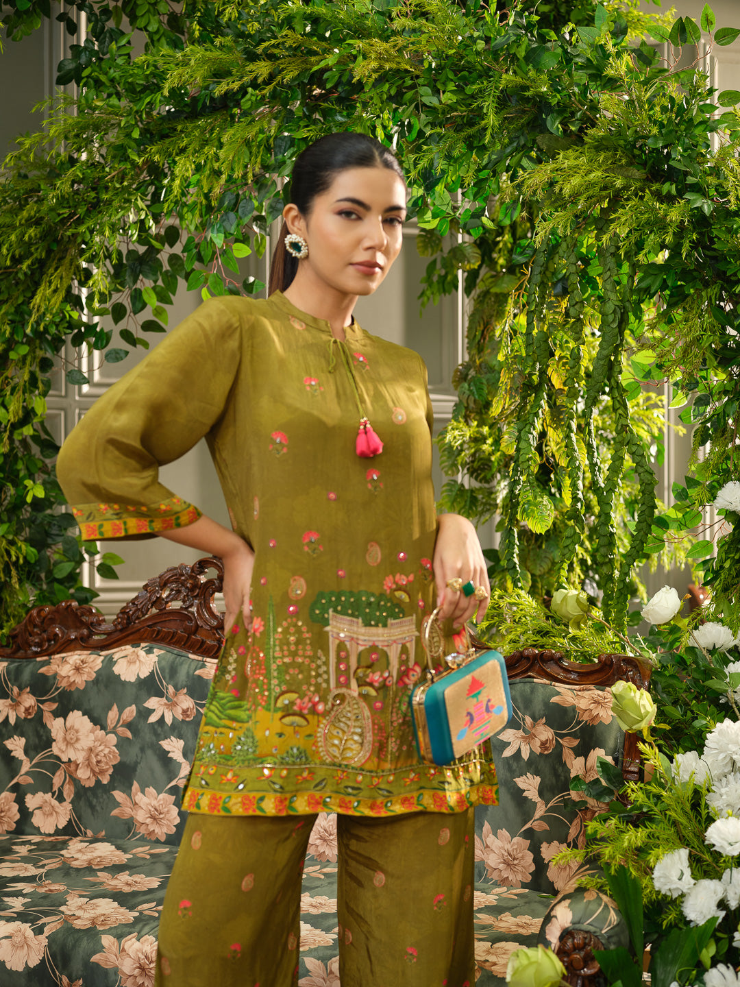 Olive Green Digital Print Co-ord Set with Handwork