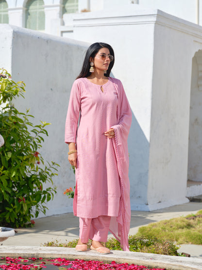 Pink Chinon Crochet Embroidered Kurta with Trousers & Nazeen Dupatta