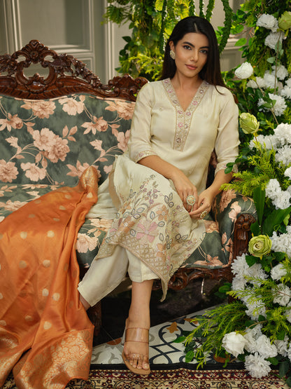Off White Embroidered Kurta Set with Rust Orange Banarasi Dupatta