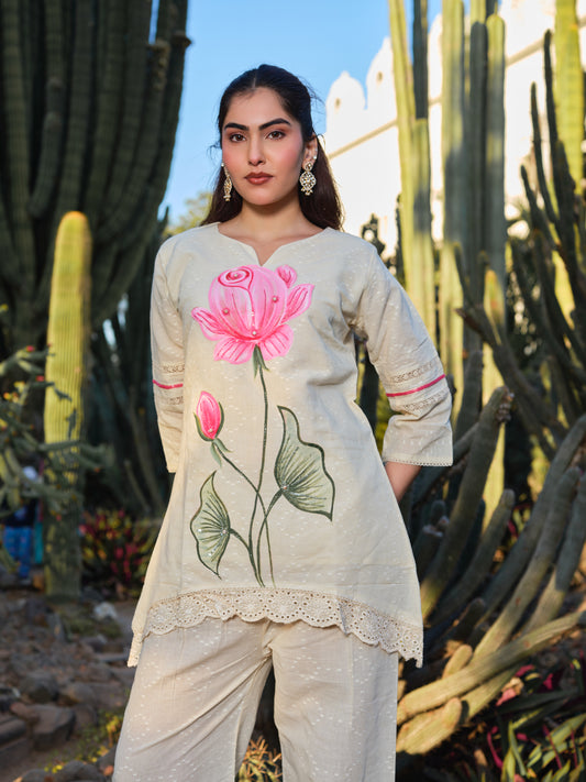 Hand-Painted Pink Lotus Cotton Kurta Set with Wide-Leg Pants