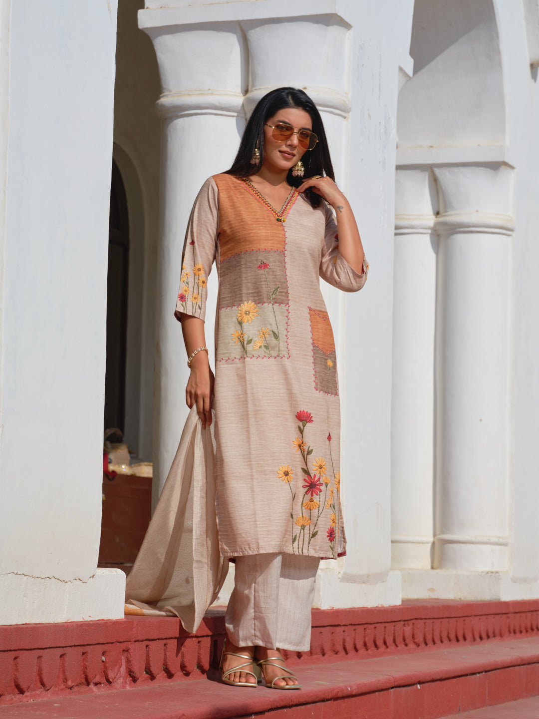 Beige Poly-Linen Embroidered 3-Piece Set