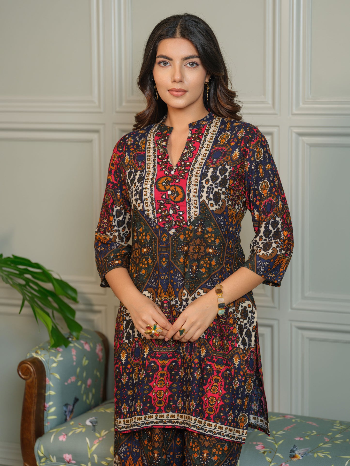 Printed Mandarin Collar Neck Top With Palazzos Co-Ords