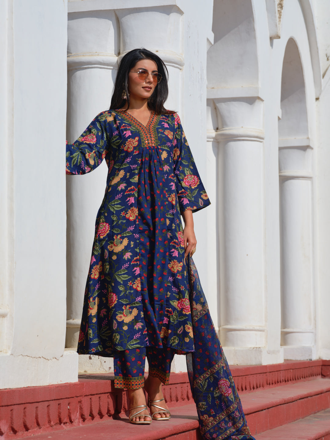 Printed V-Neck Kurta & Trousers With Dupatta