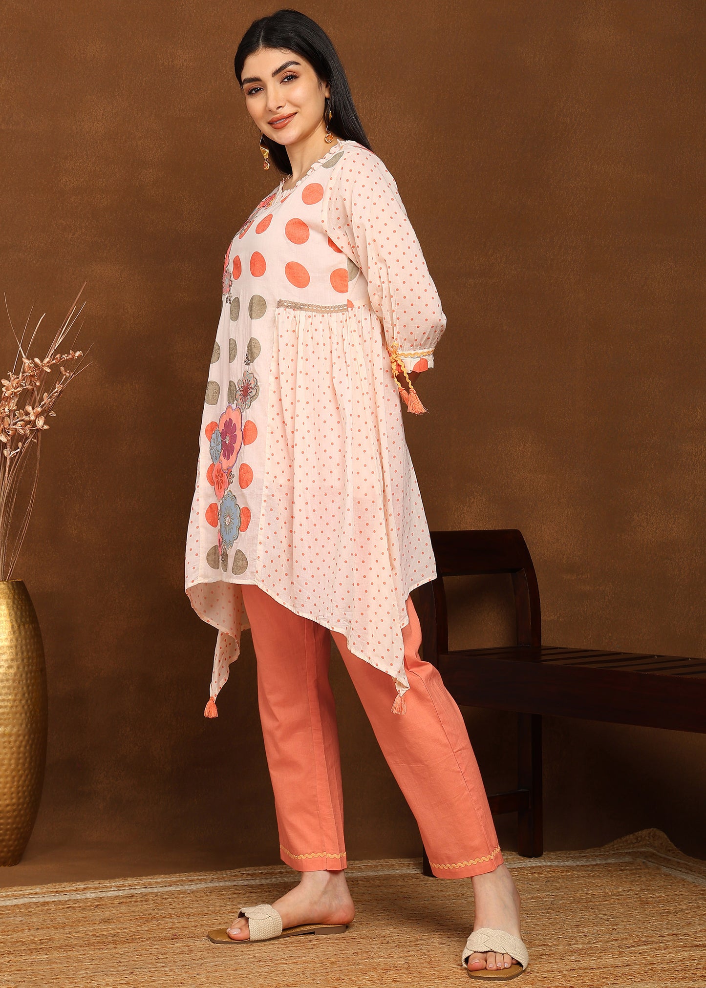 Cotton Printed A-Line C Cut Kurta with Balloon Tie-Up Sleeves & Straight Pants