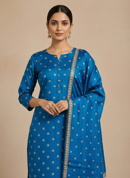 Striped V-Neck Kurta & Trousers With Dupatta