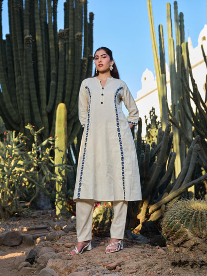 Embroidered Pure Cotton Mandarin Collar A-Line Kurta & Trousers