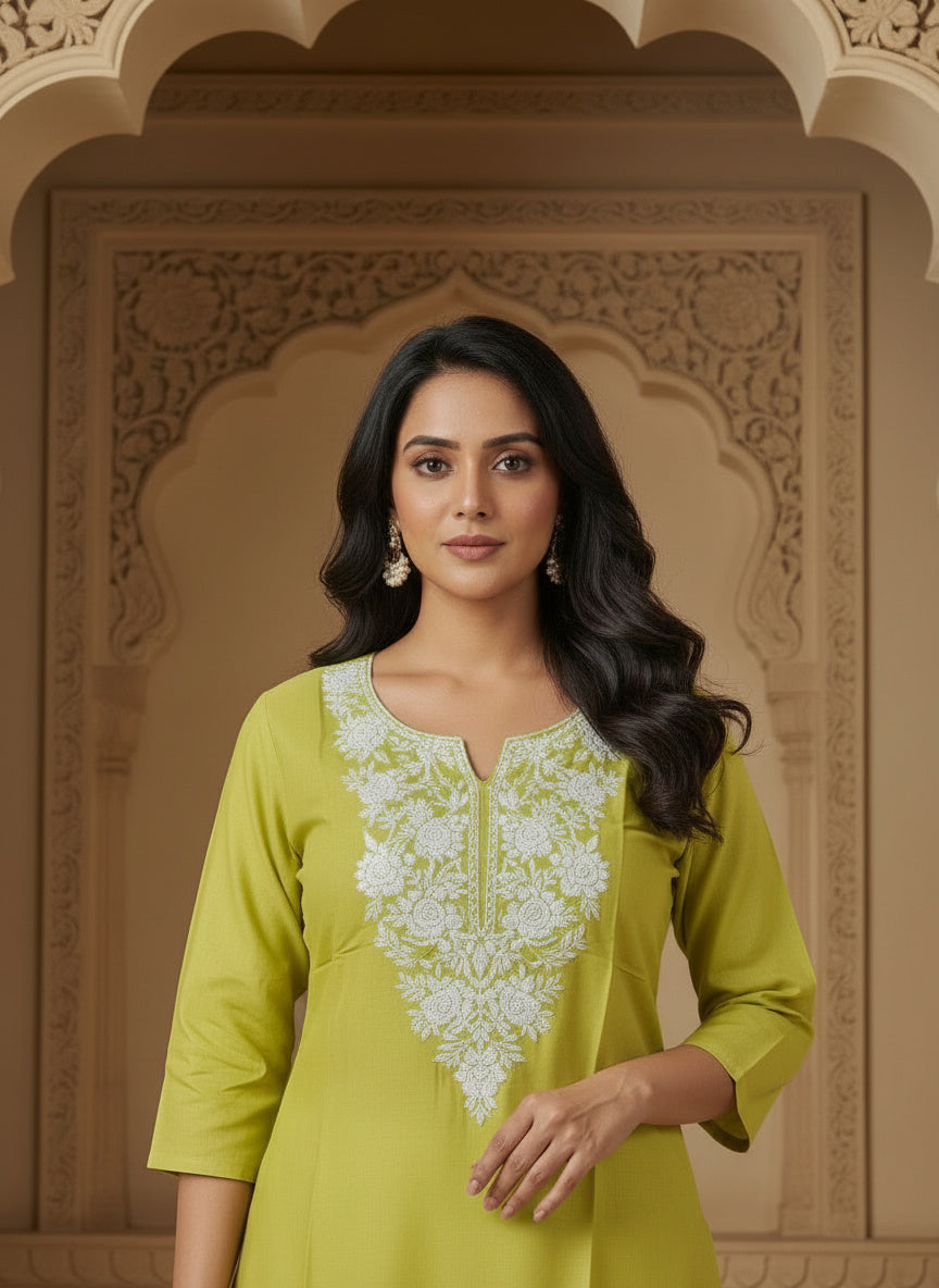 Floral Embroidered Notch Neck Straight Kurtis