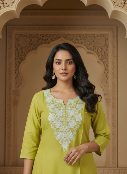 Floral Embroidered Notch Neck Straight Kurtis