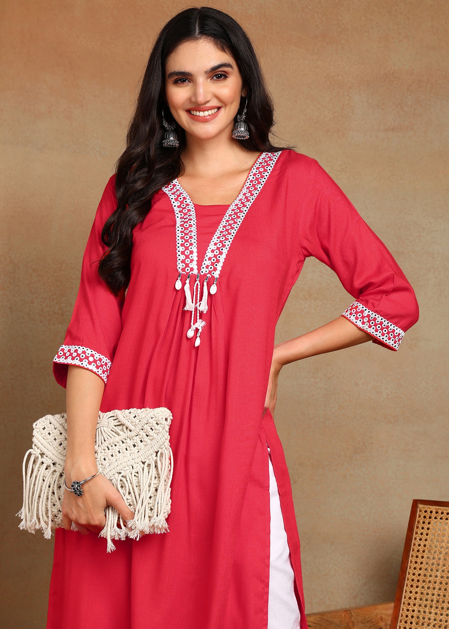 Red Rayon Slub Kurti with White Embroidered Lace Detailing