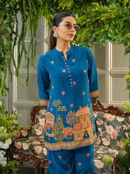 Royal Blue Digital Print Co-ord Set with Handwork