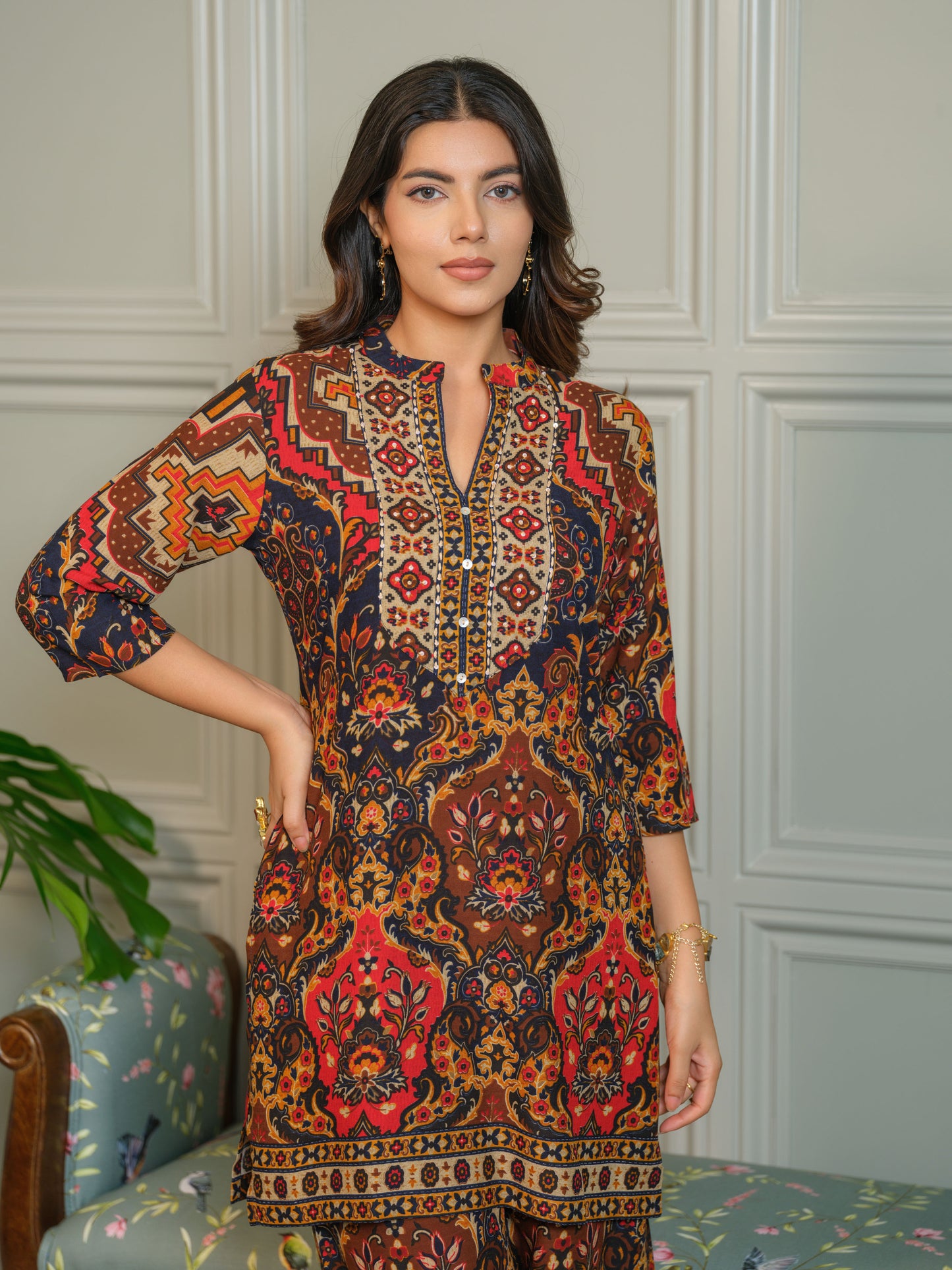 Ajrak Printed with embroidered Top with Palazzos Co-Ords