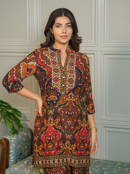 Ajrak Printed with embroidered Top with Palazzos Co-Ords