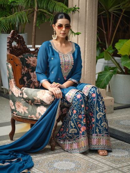 Women Ethnic Motifs Embroidered Kurta with Sharara & Dupatta