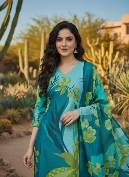 Printed V-Neck Kurta & Trousers Kurta Set