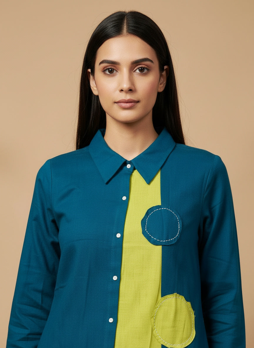 Colorblock Cotton Shirt Co-Ord Set with Patch Work Detailing
