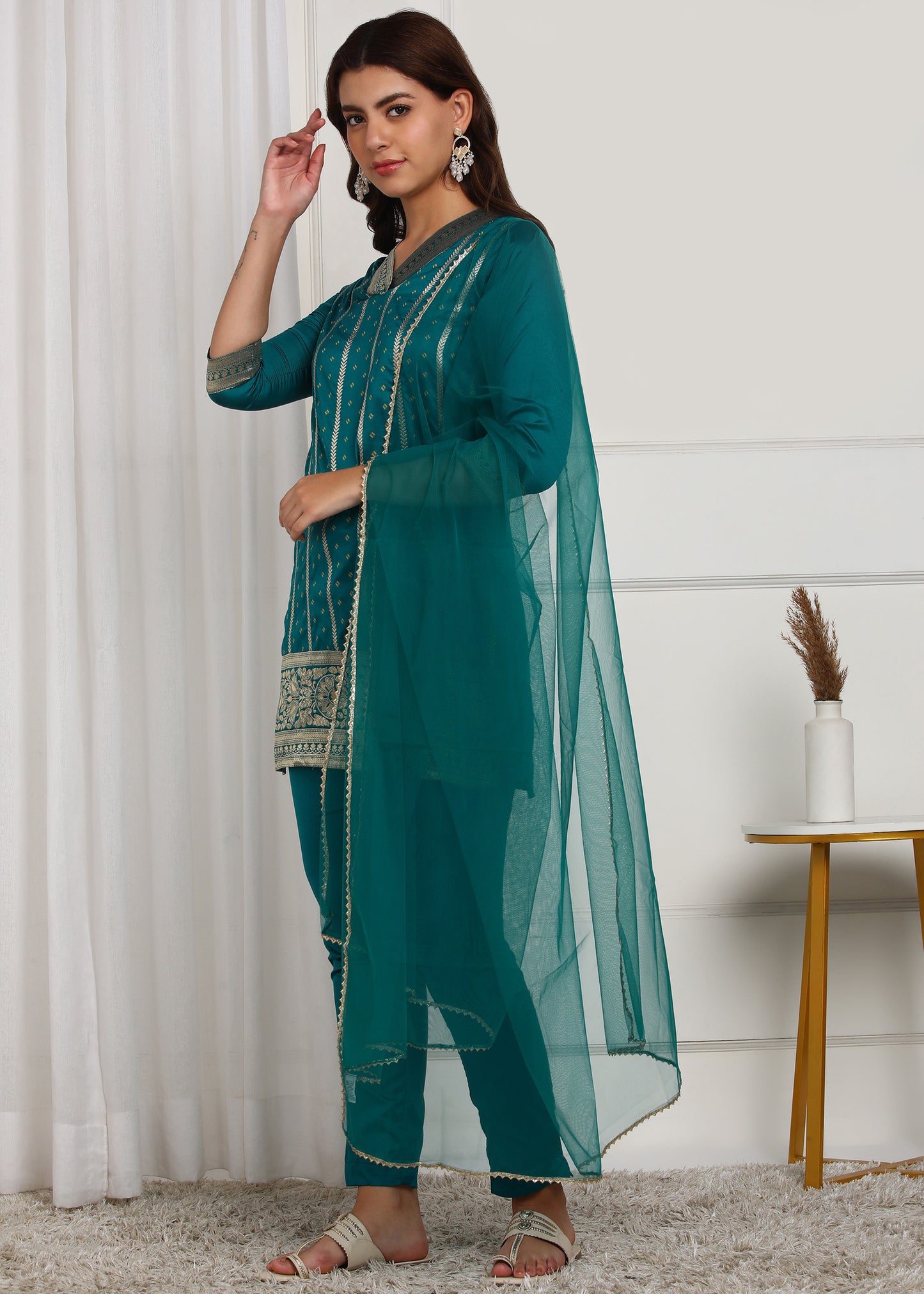 Teal Blue Embroidered Kurta Set with Dupatta