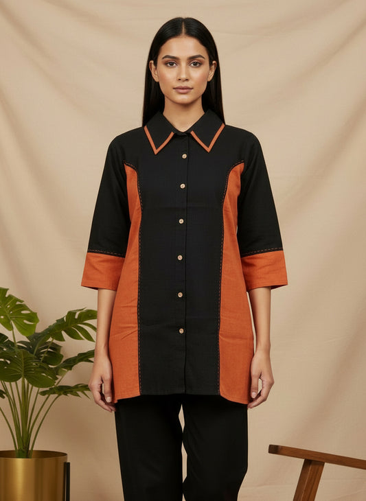 Colorblock Cotton Shirt Co-Ord Set with Contrast Collar & Panel Detailing