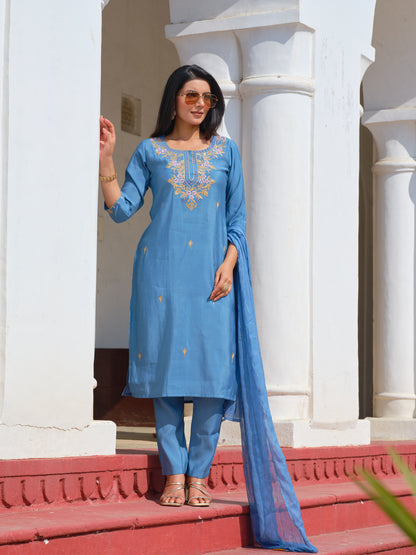 Embroidered Round Neck Straight Kurta & Trousers With Dupatta