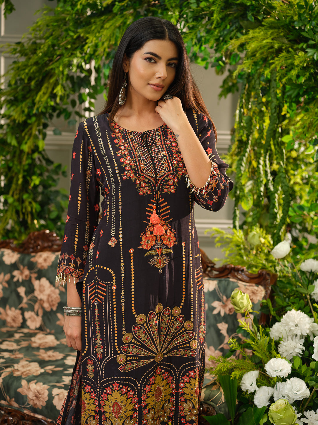 Black Digital Print Kurta Set with Heavy Handwork