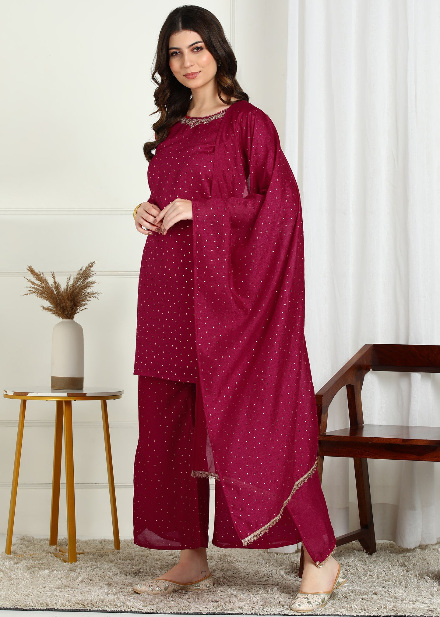 Burgundy Vichitra Foil Print & Embroidered Kurta Set with Lace Detailed Dupatta