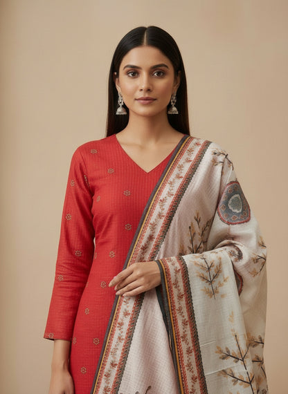Printed V-Neck Kurta & Trousers With Dupatta