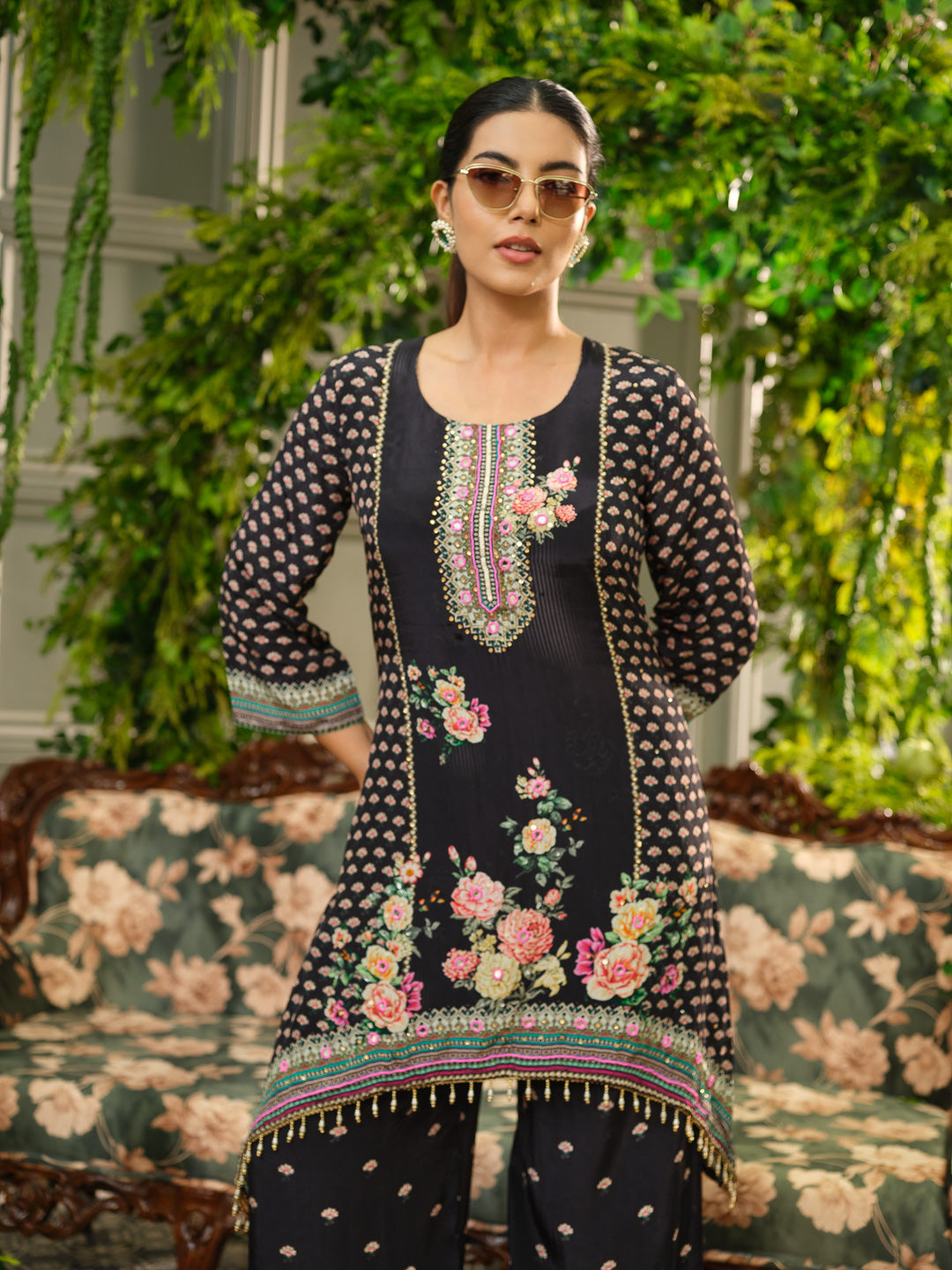 Black Digital Print Co-ord Set with Handwork