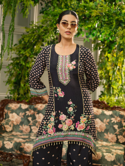 Black Digital Print Co-ord Set with Handwork