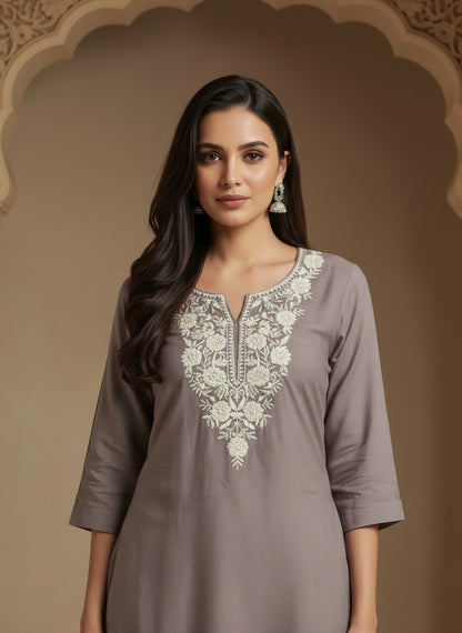 Floral Embroidered Notch Neck Straight Kurtis