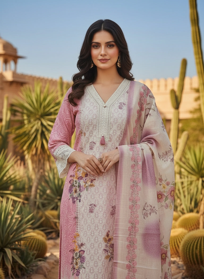 Printed Tissue V-Neck Kurta Trousers & Dupatta
