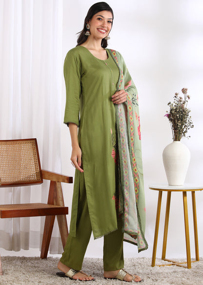 Women Pista Green Rayon Embroidered Kurta Set with Mirror Work & Printed Cotton Dupatta