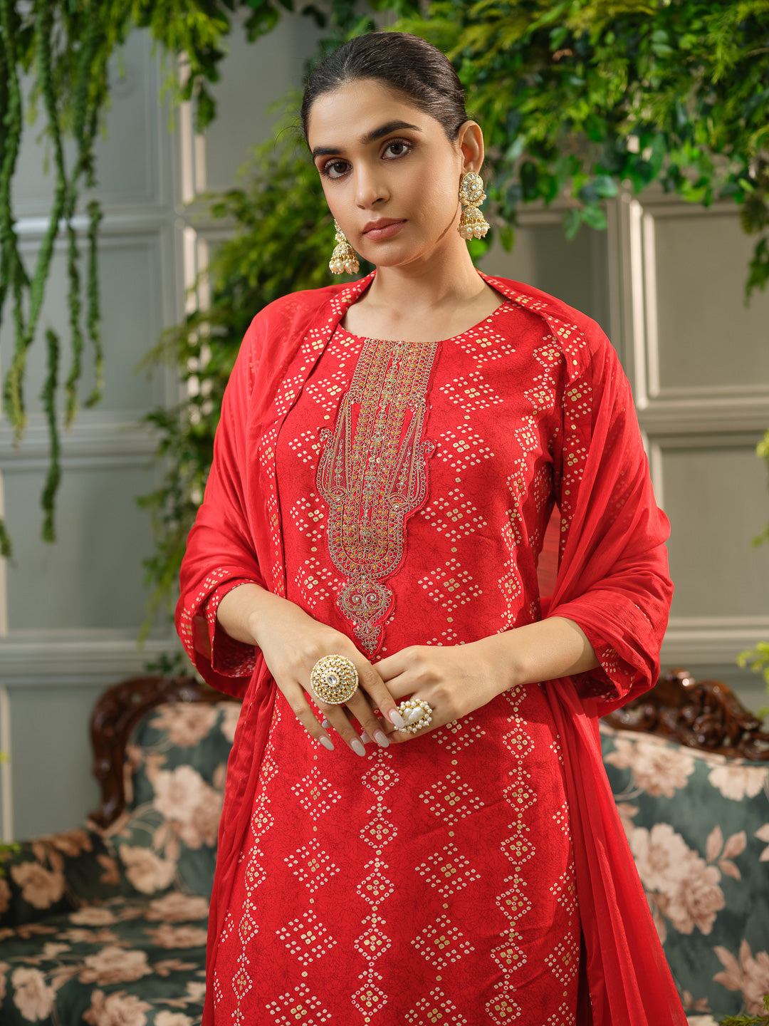 Red Embroidered Kurta Set with Matching Pants & Dupatta