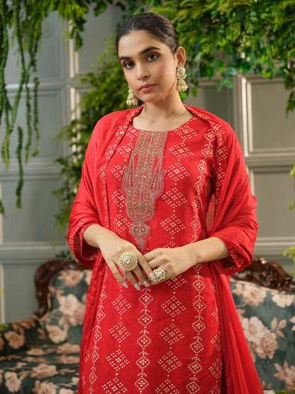 Red Embroidered Kurta Set with Matching Pants & Dupatta