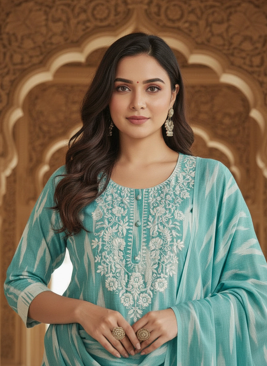 Embroidered Round Neck Straight Kurta & Trousers With Dupatta