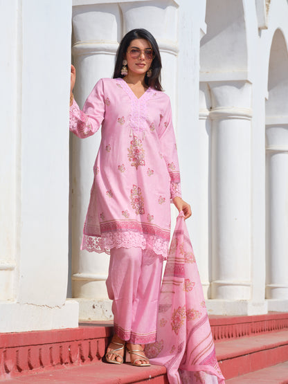 Powder Pink Linen Straight Kurta Set with Pearl Embellished Neckline