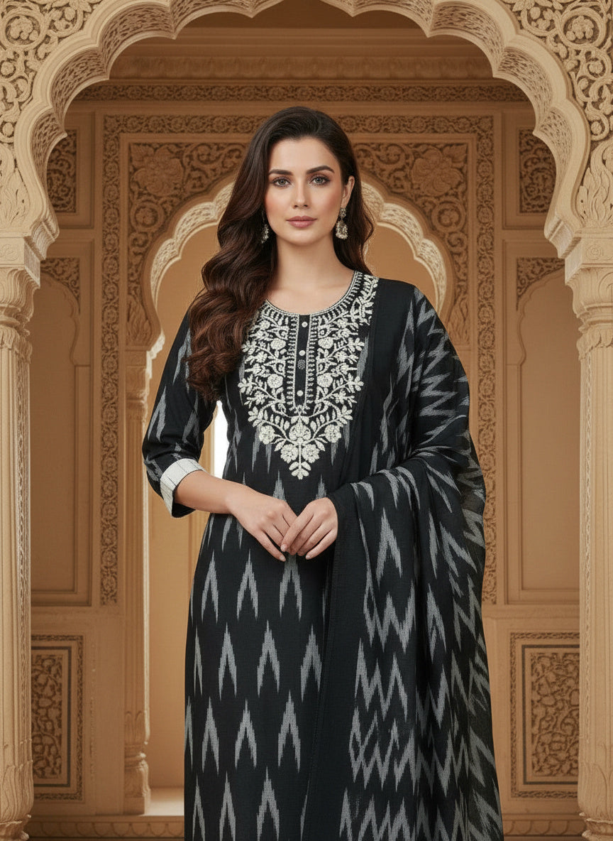 Embroidered Round Neck Straight Kurta & Trousers With Dupatta