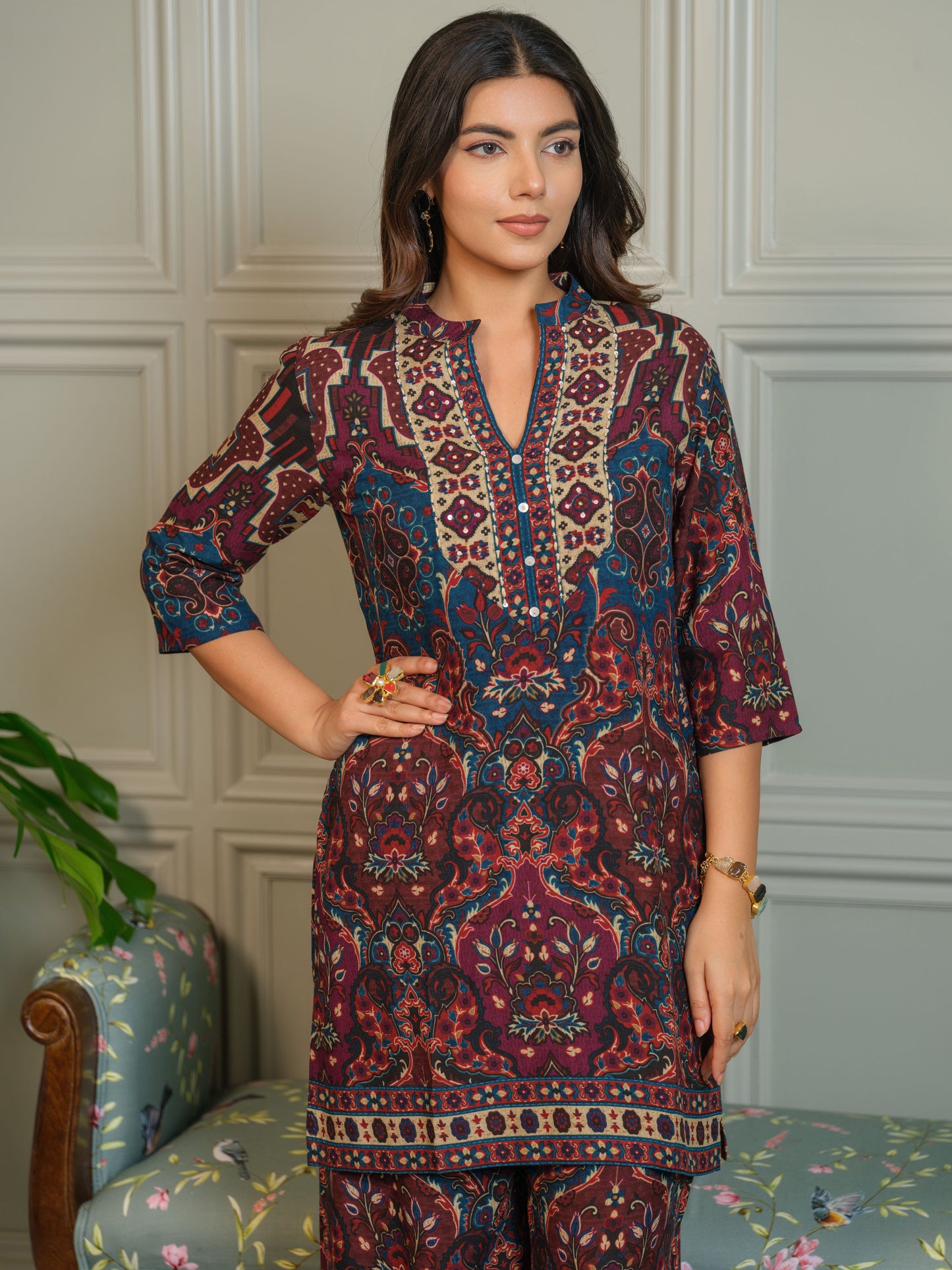 Ajrak Printed Mandarin Collar Neck Top With Trousers Co-Ords