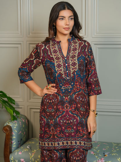 Ajrak Printed Mandarin Collar Neck Top With Trousers Co-Ords