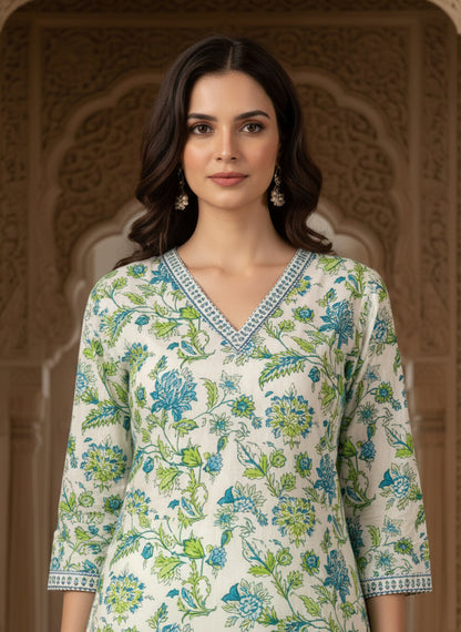 Printed Cotton V-Neck Calf Length Straight Kurta