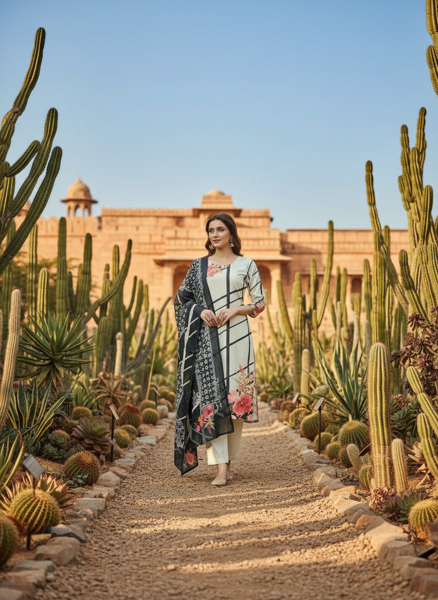 Printed Round Neck Kurta & Trousers Kurta Set