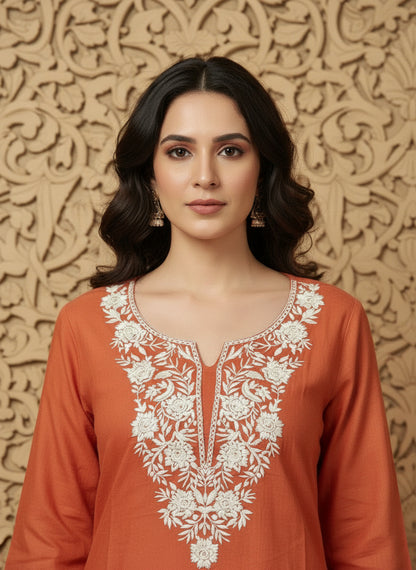 Floral Embroidered Notch Neck Straight Kurtis