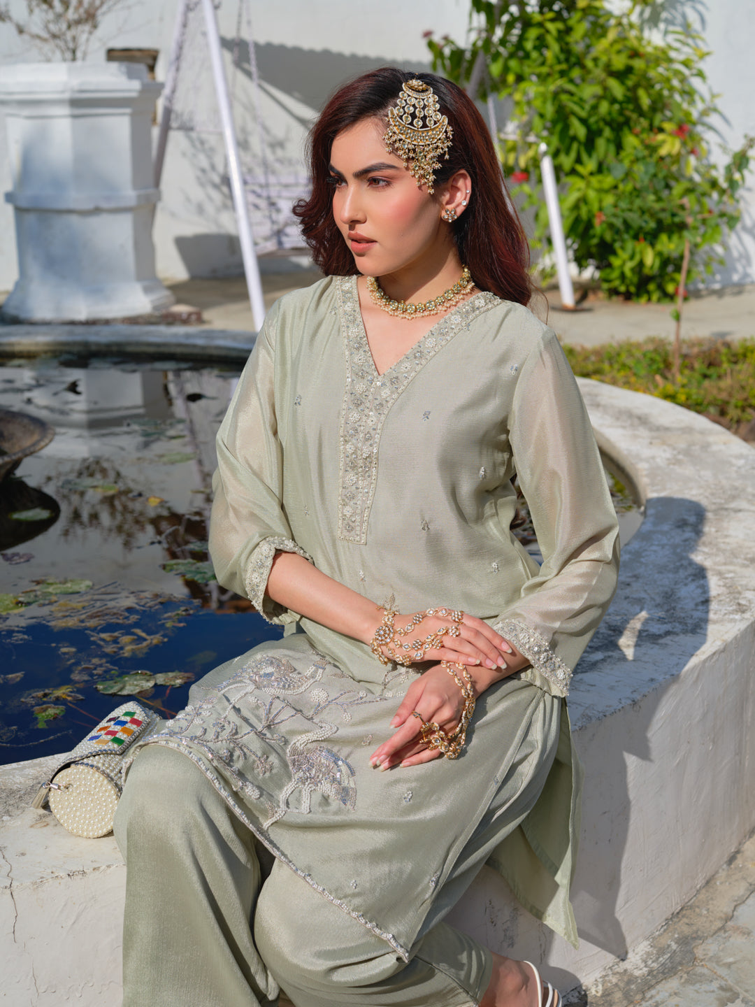 Embroidered V-Neck Kurta & Trousers Kurta Sets