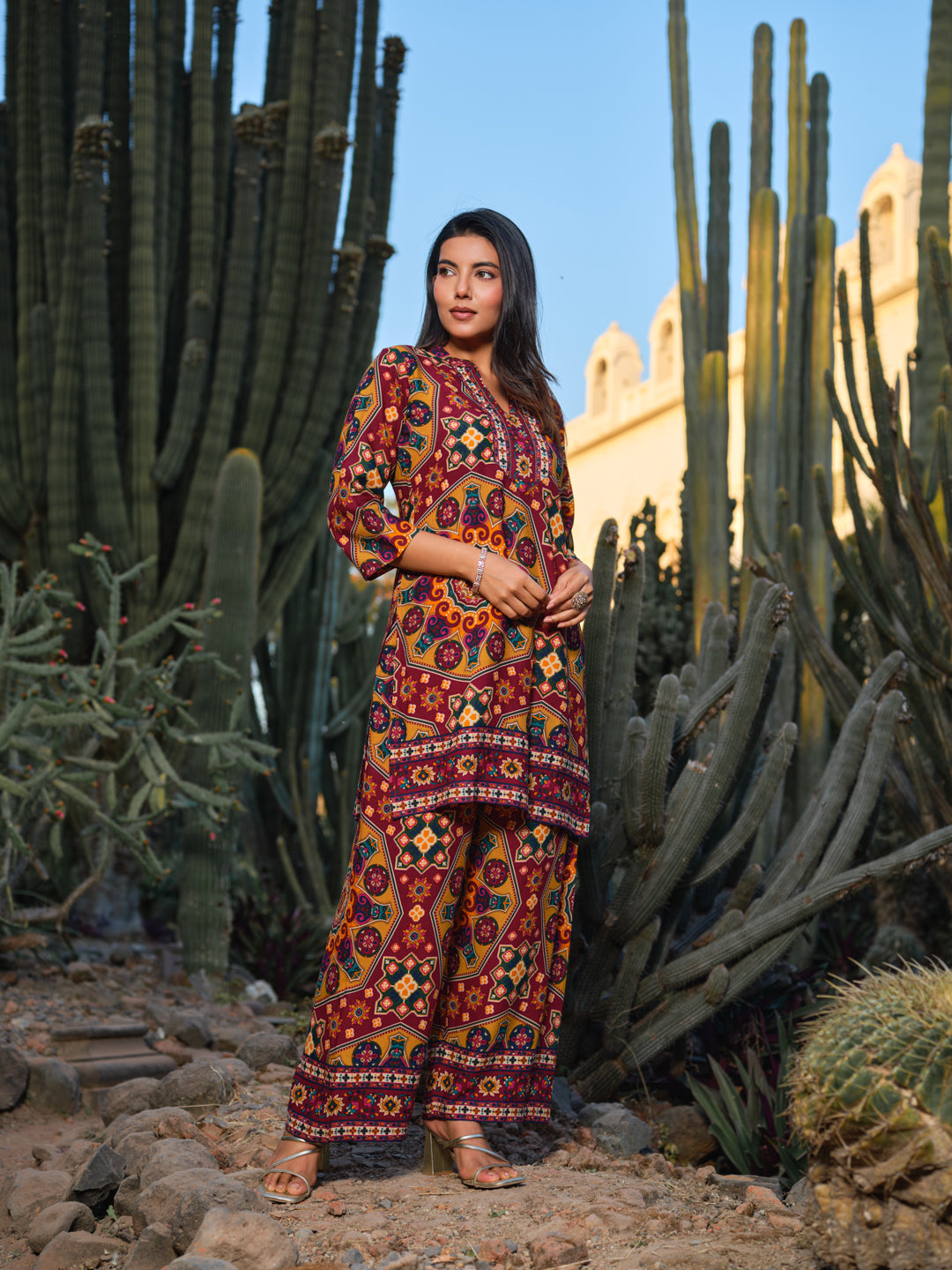 Printed Mandarin Collar Top & Palazzos Co-Ords