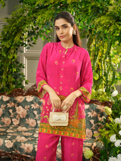 Pink Digital Print Co-ord Set with Handwork