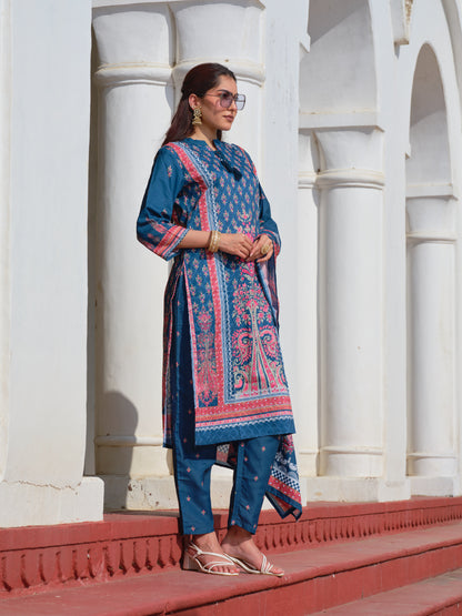 Printed Mandarin Collar Kurta & Trousers With Dupatta