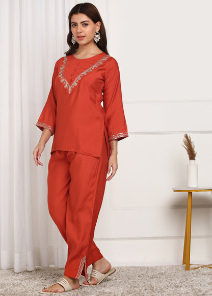 Rust Orange Embroidered Co-ord's