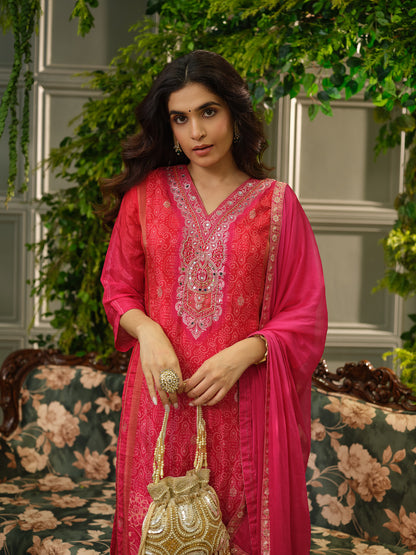 Women Printed Regular Mirror Work Straight Kurta With Trouser & Dupatta