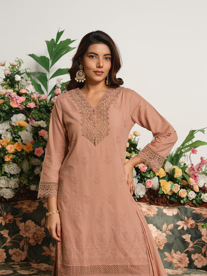 Brown Embroidered Cotton Blend V-Neck Kurta Set with Dupatta