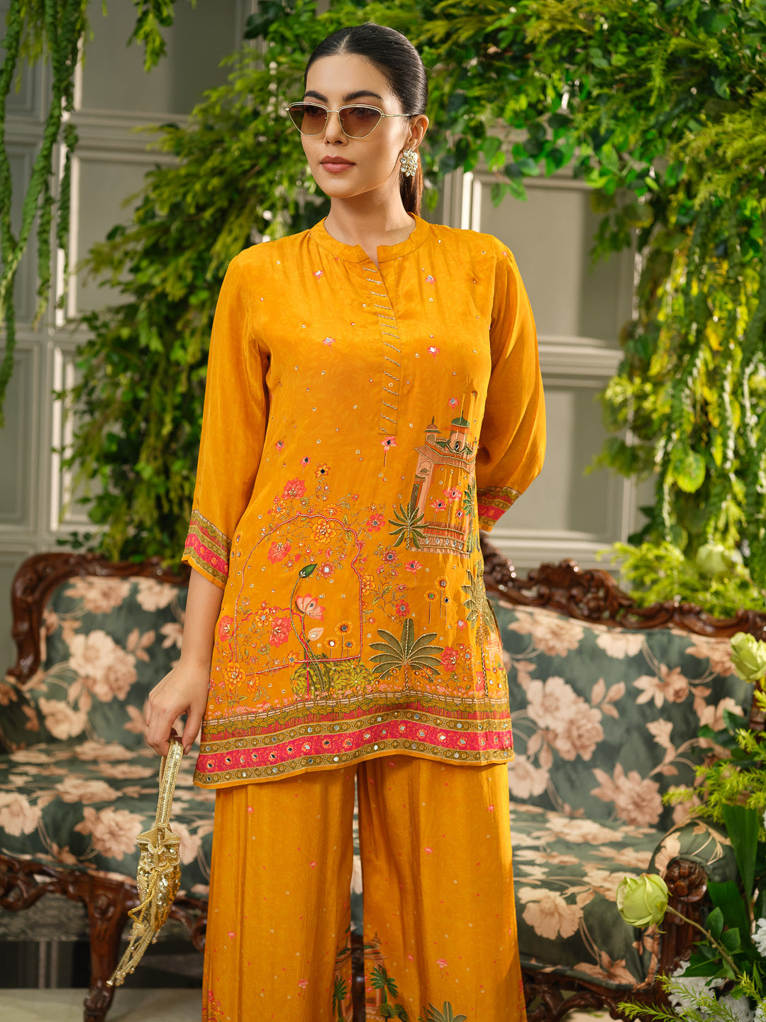 Orange Digital Print Co-ord Set with Handwork