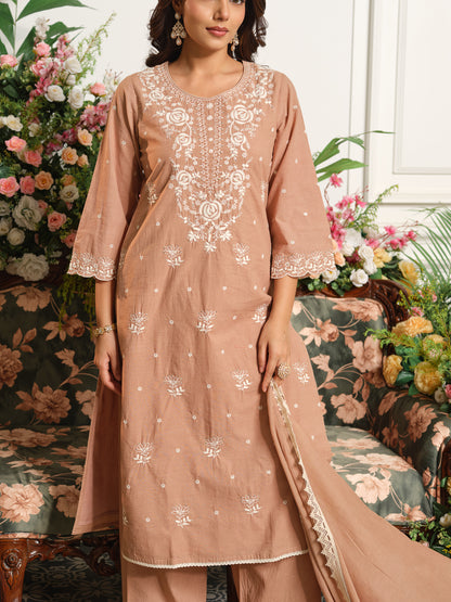 Printed Pure Cotton Kurta Set with Palazzo and Dupatta Straight Fit Long Kurta Calf Length Round Neck Slip On Casual Ethnic Wear
